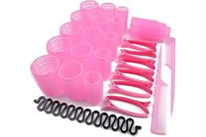 SCJJZ rulos pelo,rulos pelo grandes,rizador pelo sin calor,heatless hair curlers,ondas sin calor,Juego de rodillos para el cabello con rizador de cabello rosa de 33 piezas