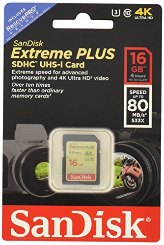 SanDisk Extreme Plus SDHC 16GB Class 10 Speicherkarte (UHS-I, bis zu 80MB/s lesen)