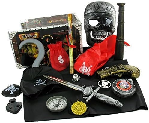 14 piece Pirate box dress up play set with eye patch mask money pouch piece of gold compass arm hook etc