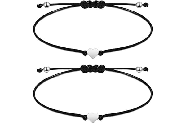 Lot de 2 bracelets d'amitié en forme de cœur tressés à la main, avec un bracelet de protection Kabbale pour hommes et femmes. Taille réglable, pour femme. Corde noire et cœur en argent