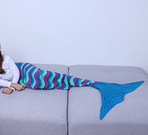 YiZYiF Handgemachte Meerjungfrau Decke Fleece Sofadecke Schlafsack Mermaid Blanket Kostüm für Kinder Mädchen (Einheitsgröße, Gestrickt Blau&Lila (Kinder)) - 3