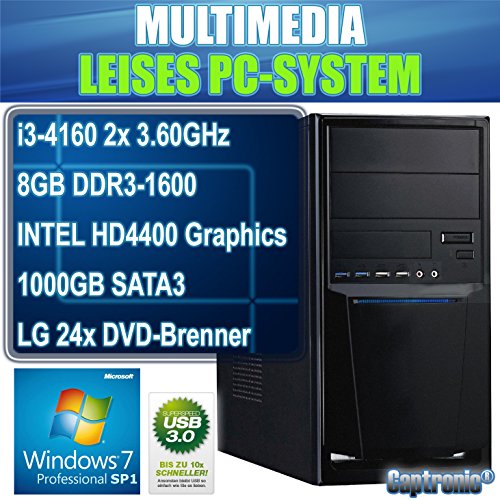 Captronic® (i3-4160-8GB-HD4400-1TB-Win7Pro) Windows 7 Professional 64bit | DualCore Silent Multimedia Office PC Front USB 3.0 INTEL Core i3-4160 2x 3,60GHz Haswell Refresh | KINGSTON 8GB DDR3-1600 | 24x DVD-Brenner | 1000GB HDD SATA3 | Intel HD 4400 HDMI/DVI/VGA | 6x USB 3.0 | CardReader | 7.1 Sound | GigabitLAN | Design Gehäuse Schwarz - 2