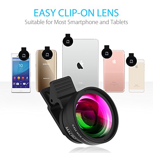 Telefono cellulare fotocamera lente Zptone 2Â in 1Â clip-on Lens kit 0.45Â x super grandangolo e macro 12.5Â x Phone obiettivo per iPhone 8Â 7Â 6S 6Â Plus 5S Samsung Android e telefoni smartphone nero