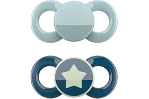 dentistar Day & Night Schnuller 2er-Set – Größe 3 ab 14 Monate – Zahn- & kieferfreundlicher Silikon Schnuller – Mit Leuchtschnuller für die Nacht – Türkis & Blau mit Stern Motiv – Made in Germany