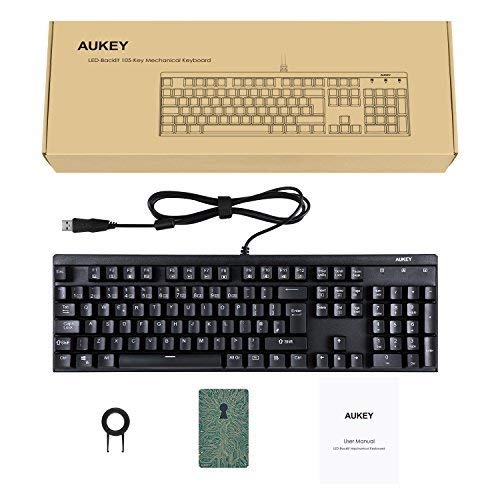 AUKEY Teclado Mec  nico LED-Backlit Teclado Gaming con Switches Blue  104 Teclas English Layout  US  con Metal Panel 100  Anti-ghosting para Jugadores y Mecan  grafos  Negro