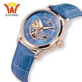 Damen Mechanische Automatik Armbanduhr Skelett Automatikuhr Uhr Herren Uhren Strass Skala Blau-Lederband Band