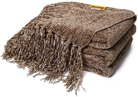 Dozzz Decorative Chenille Thick Couch Throw Blanket with Fringe Cozy Solid Blanket 150*130 cm (Brown)