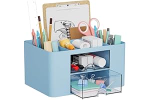 Marbrasse Desk Organiser with Drawers,Multifunctional Pen Holder with 7 Compartments,Stationary Organiser for Home Office Desk and Accessories(Blue)