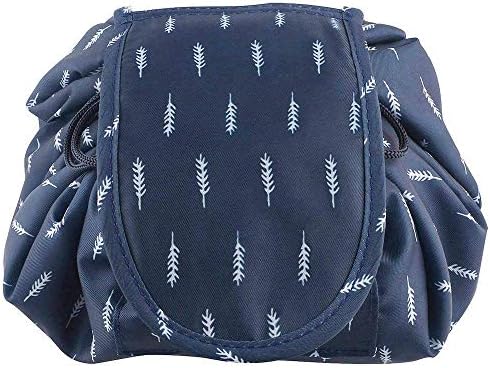 UFLIZOGH Lazy Drawstring Makeup Bag Travel Portable Cosmetic Pouch Toiletry Organizer Waterproof Large for Women and Girls (Dark Blue)