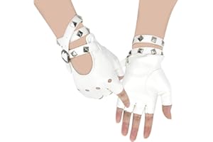 CAREDGO Guanti Punk Donna in PU Bianco Guanti Rock con Borchie Guanti Cosplay Senza Dita Accessori Alternativi per Festa, Concerti e Performance