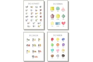 EQUIK PRODUCTS Lernposter | Für Kinder im Kindergarten, Grundschule | Kinderzimmer Deko | Montessori Lernen | 4er Poster Set | Für Mädchen und Jungen (Alphabet, Zahlen, Farben, Formen, A4)
