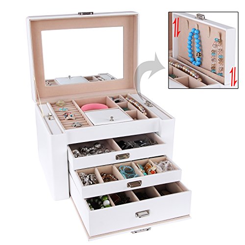 Songmics Schmuckkästchen Kosmetikkoffer mit 3 Schubladen Weiss 29,5 x 21,8 x 19,5 cm JBC04W - 2