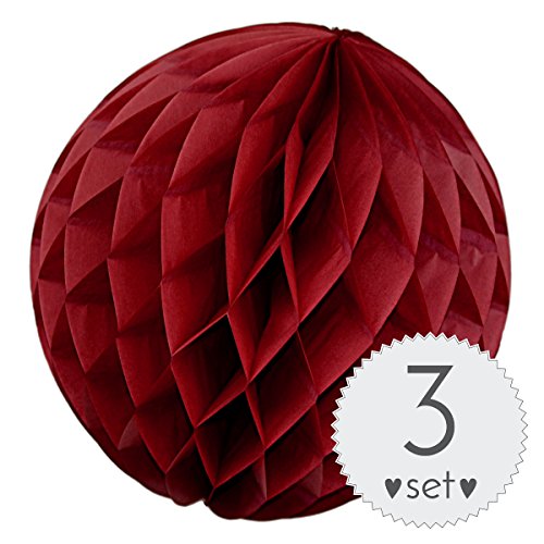Simplydeko Wabenbälle 3er Set | Honeycomb Wabenball Lampion VIELE FARBEN 10/20/30/50cm DIY Deko für Party und Hochzeit | Wabenbälle (Amarena-Rot Dunkel-Rot, 30 cm)