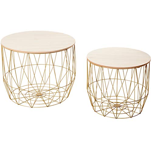 Invicta Interior Design 2er Set Couchtische Storage 50cm Gold Eiche Aufbewahrungskorb Beistelltische mit Holzdeckel Wohnzimmertische Tische