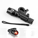 LED Fahrradbeleuchtung Akale Fahrradlampe Fahrradlicht Set inkl. Frontlichter und Rücklicht, Halterung, Zoombarer Effekt, 900 Lumen, 3 Licht-Modi für Berg-Radfahren, Camping und täglichen Gebrauch