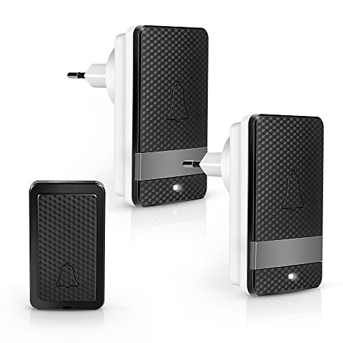 Sonnette sans Fil sans Pile, Hongyifa Carillon de Porte Etanche, 300m Mètres de Portée, 28 Mélodies, avec LED Flash, 1 Transmetteur et 2 Récepteurs (Noir)