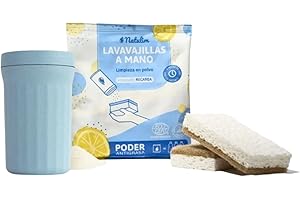 Natulim Pack Lavavajillas a mano - Eficaz en la Eliminación de Grasa y Restos de Comida - Contiene dispensador reutilizable, 2 esponjas y sobre de lavavajilla en polvo 250 Gr. (1 Pack)
