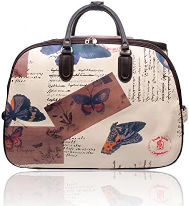 NEW Ladies Travel Holdall Bags Hand Luggage Womens Butterfly Weekend Wheeled Trolley Handbag (Coffee)
