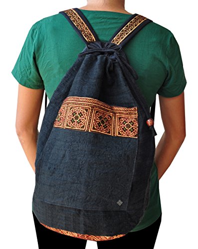 virblatt 100 % hemp backpack shoulder bag with hand-woven Asian hill tribe patterns unique hemp bags as alternative clothing – Freiheit black