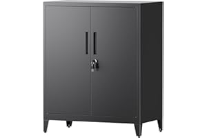 ‎LVSTEEL LVSTEEL Aktenschrank, abschließbarer Mehrzweckschrank mit 2 höhenverstellbaren Einlegeböden, Stahl-Büroschrank mit 2 Türen, Schwarz, 100×80×40 cm