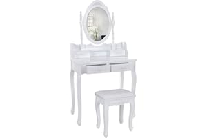 YIFAA Tavolo da Toletta con Specchio Rotante a 360°, 4 Cassetti, Sgabello Imbottito, Postazione Trucc per Il Trucco, Gioielli, Camera da Letto(75x40x145cm)