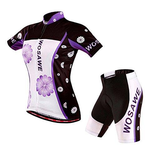 LSKCSH Violet Femmes Vélo Cyclisme Respirant à séchage Rapide Maillots Set Vélo Jersey Cycle Manches Courtes Veste 4D Coussin Rembourré Serré Shorts Pantalon