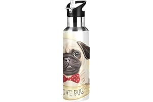 MNSRUU Süßer Mops Hund Aquarell Trinkflasche Wasserflasche mit Strohhalm für Sport, 600ML Thermosflasche BPA-frei Isolierflasche Edelstahl 18/8 für Kinder Wandern Schule