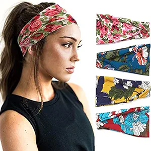 Brishow Retro Cross Headband Vintage Hairband Cloth Elastic Printed Head Wrap Scarf Stretchy Moisture Twisted Hair Accessories for Women and Girls (Pack of 4)