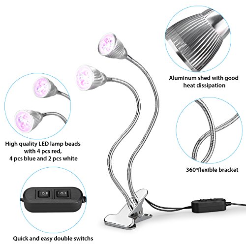 Preisvergleich Produktbild Lampwin - LED Pflanzenlampe wachsen Licht 10W, Zimmerpflanzen Wachstumslampe mit Doppelschalter, 360 Grad Flexible, Schreibtisch Clip Doppel Lampe, für Hydroponic Gewächshaus Gartenarbeit (5W*2)