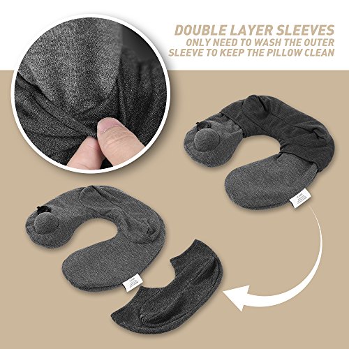 Plemo Reisekissen Aufblasbares Nackenkissen Nackenhörchen mit ergonomischer Stützfunktion, Baumwolle Bezug, patentiertem Aufblastechnik und Tragetasche für Büro, Reisen und Badewanne - 5