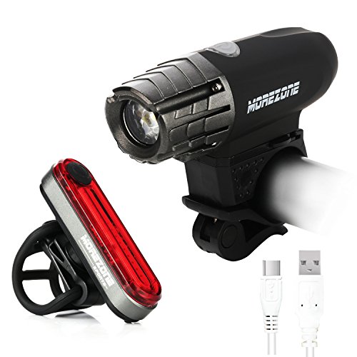 MOREZONE LED Fahrradlicht Set Wiederaufladbare Fahrradbeleuchtung 300Lumen 5 Licht-Modi Fahrradlampen Frontlicht Rücklicht Wasserdicht Fahrradlichter Taschenlampe(Schwarz)