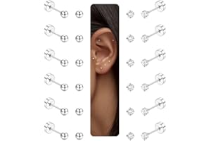 LOLIAS 12 Paia di Orecchini a Lobo Donna Uomo Ragazza Placcato Acciaio Chirurgico 316L Piercing Alla Cartilagine Orecchini a Lobo Piccoli 20G Trasparente Tondo Con Vite a Sfera Con Retro Piatto