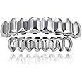 LKV Silver/Gold Teeth Grillz for Men and Women, 14K Gold Plated Hip Hop Mouth Grills for Your Teeth Top & Bottom, Rapper Costume Teeth Grillz with Extra Molding Bars