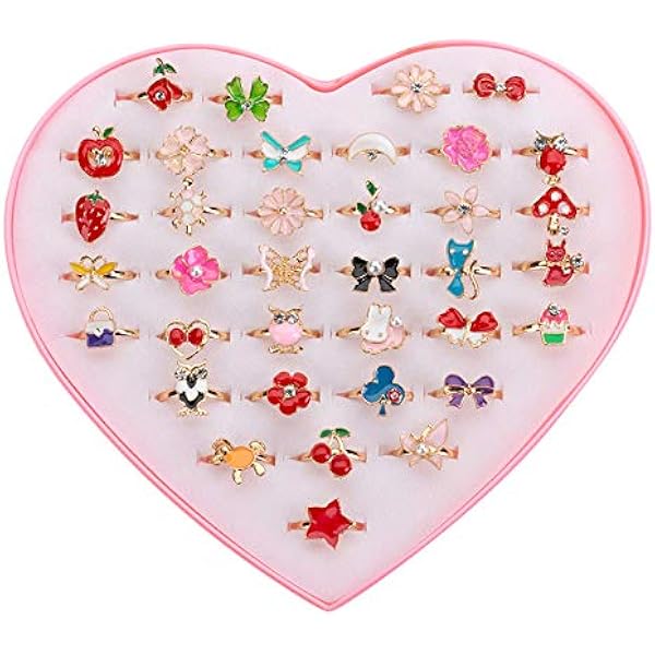 36 Bagues Enfants Réglables - Coeur, Couronne... | Boîte Cadeau Coeur Rose - Fille 3+ Ans