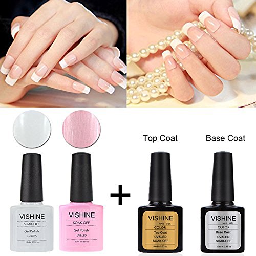 Vishine UV LED Gel auflösbarer Nagellack 10ml french manicure kit French white and clearly pink& Base Top Coat Set (4 x 10 ml)