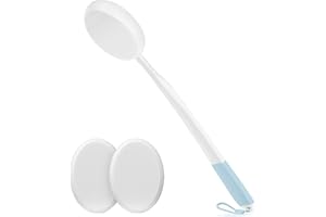 VANZAVANZU Aplicador de loción para espalda de 19 pulgadas, mango largo blanco con agarre antideslizante azul y 3 almohadillas blancas reemplazables, adecuado para protector solar, bronceado e hidratantes, para