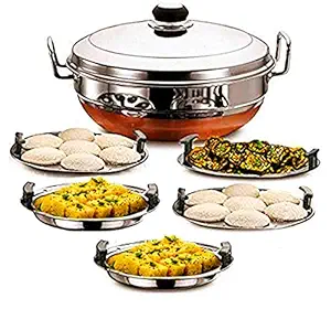 NIYA ENTERPRIZE Stainless Steel 3 in1 Idli Cooker Silver Multi Kadai Steamer with Induction friendly All-in-One Big Size 14 Pieces Plate 2 Dhokla 1 Patra holes For Steam 28.5 cm Diameter 2.5 kg