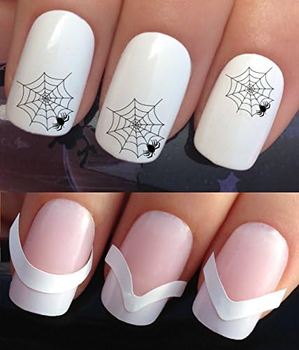 NAIL DECALS WATER TRANSFERS STICKERS ART SET #292 &amp; 172. **plus x48 nail tip guides!!**! x24 HALLOWEEN PARTY SPOOKY SPIDER WEBS TATTOO WRAPS &amp; x48 FRENCH MANICURE TIP GUIDES! CAN BE USED WITH NATURAL GEL ACRYLIC STICK ON NAILS! OR WITH GLITTER DUST CAVIAR BEADS ALLOYS DECORATIONS CONFETTI FIMO SHAPES TAPE PENS RHINESTONES!