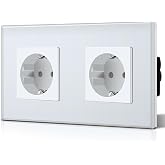 BSEED Double Wall Socket with Glass, Standard Recessed Sockets, Schuko Single Plug 16A 250V, Power Socket for Kitchen, Bedroo