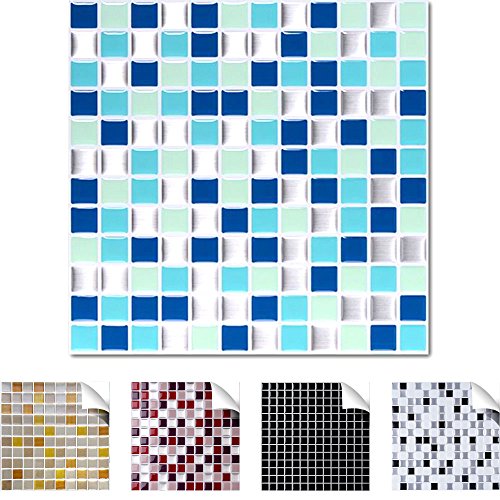 4er Pack 25,3 x 25,3 cm Wandaro 3D Fliesenaufkleber W3329 große Auswahl für Küche Bad Fliesenfolie selbstklebend Wandaufkleber blau türkis silber Design 2