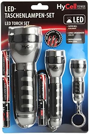 HYCELL LED Torch Set Including Batteries-Consists of Three flashlights, Rubberized Surface, Shockproof case, Black/Grey