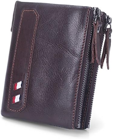 Mens Short Genuine Leather Cowhide Zip Wallet Vintage Bifold Double Zipper Pockets