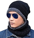 Bonnet Hiver Chapeau Beanie Écharpe Tour de Cou Doublure Polaire Tricot pour Homme Femme Unisexe Chaude Simple Noir