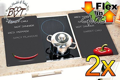 Preisvergleich Produktbild Grill-, Wand- & Herdabdeckplatten ca. 0,8 cm HOCH, 2-tlg. Set Chili anthrazit, Design glatt mit Beschriftung, Herdabdeckung + Spritzschutz Glas, Herdblende,Herdabdeckplatte für Elektroherd Kochfeld-Abdeckplatte - auch als Grill-Schneidebrett Maße viereckig je ca. 52 cm x 30 cm x 0,8 cm - Herdplatten Abdeckung Schneidbretter Glaskeramik Kochfelder Kochplatten, Herdset einzeln doppel doppelt rund, Kinderschutz für Herdfeld Herdglas Ofen Backofen, Herdzubehör, Kochfeldplatte