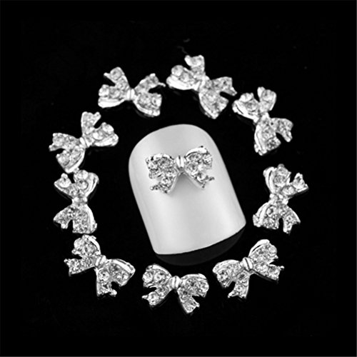 SONGQEE(TM) 10Pcs 3D Silver Alloy Rhinestones Butterfly Knot Nail Art Slices Glitters
