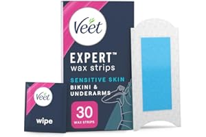 Veet Expert Cold Wax Strips, Bikini & Underarms, Sensitive Skin, 30 Wax Strips (3 Finish Wipes with Argan Oil), Soothing with Almond Oil, Removes Shortest Hair from Root, 28 Days Smoothness