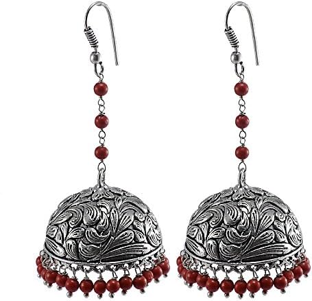Traditional Style Indian Earrings-Wedding Bells Jhumki-Reconstituted Coral Jhumka-Silvestoo India PG-106817