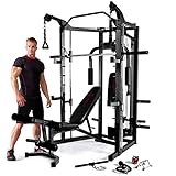 Barra Smith de musculación con peso guiado - Ganchos de seguridad - Barra fija alta para dominadas Pull ups y Chin up - Brazos Pec Dec para pectorales - Ganchos externos para una posible segunda barra de 2,13 m