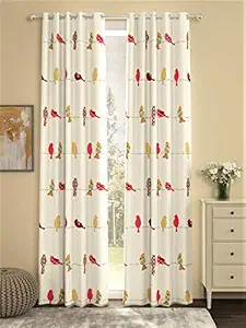 Urban Space Cotton Curtains for Door Bedroom, Living Room Printed Set of 2 Curtains with Stainless Steel Rings ( Humming Bird Red , Door- 7 feet x 5 feet )