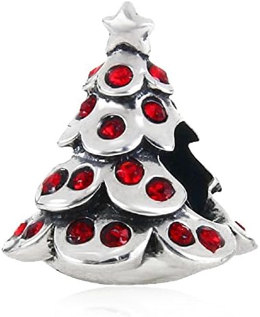Christmas Tree 925 Sterling Silver Charms Red Cubic Zirconia European Beads for Snake Chain Bracelets By Sandcastle Charm